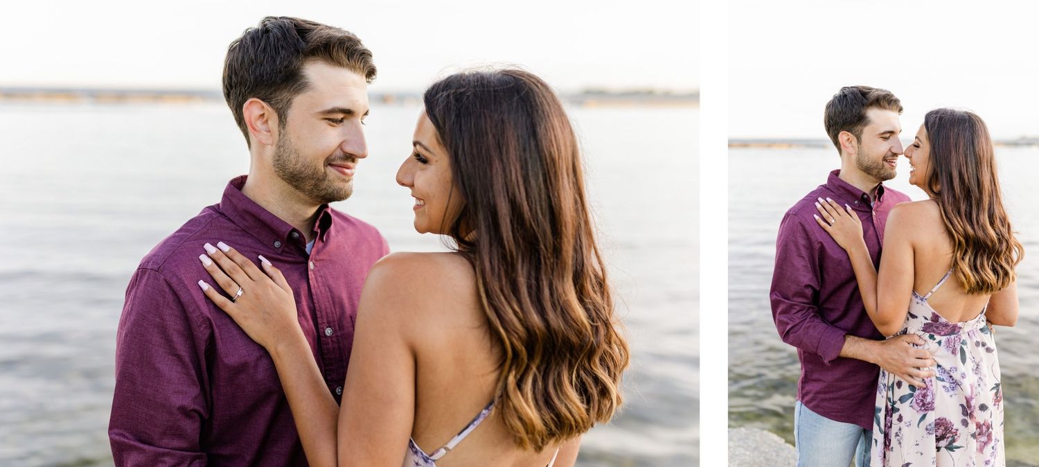 Loving couple sharing intimate moments by the water during golden hour photoshoot.