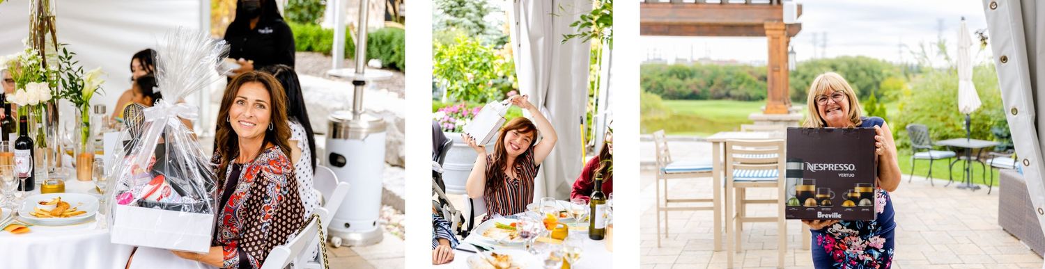 Collage of guests enjoying a celebration at tables under an outdoor tent.