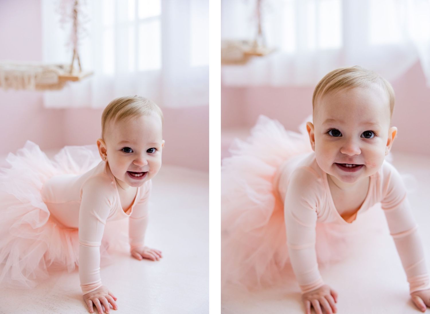 Two photos of toddler crawling in pink tutu dress beneath macrame swing.