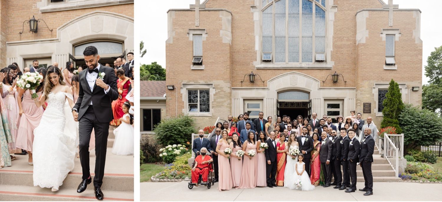 Church exterior and group photos of wedding party and guests.