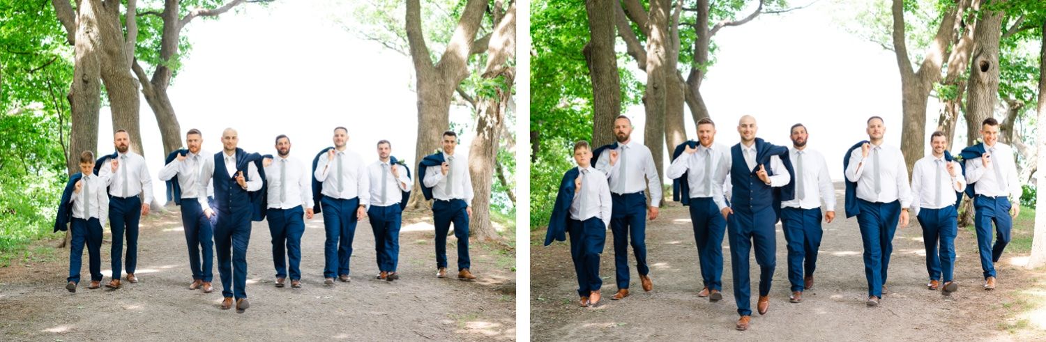 Two action shots of groomsmen jumping and celebrating on a scenic tree-lined path.