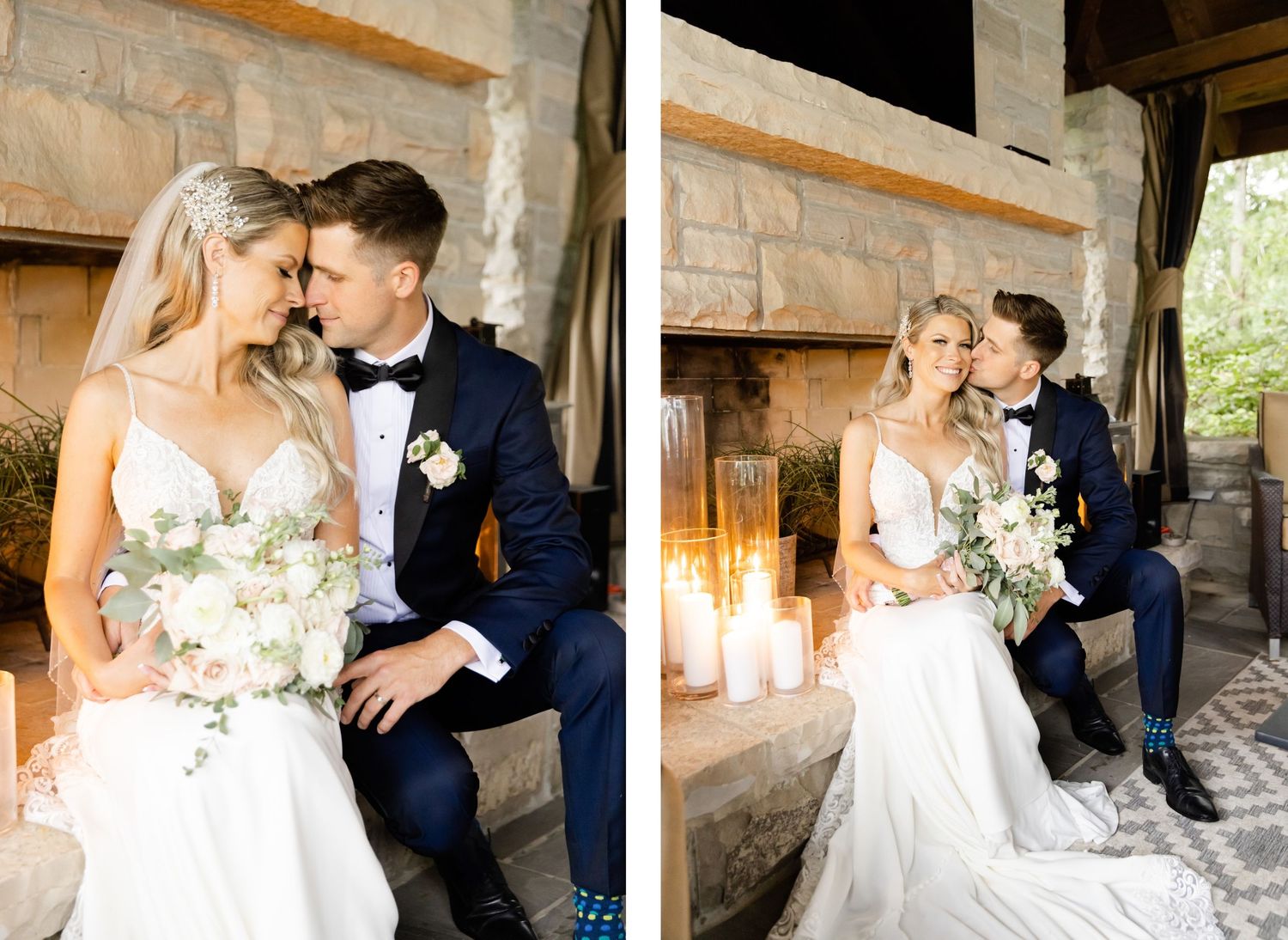 Intimate wedding portrait by stone fireplace with glowing candles.