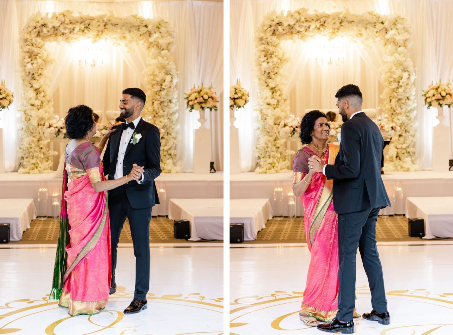 Couple shares intimate dance moments in formal attire at a luxurious ballroom wedding reception.