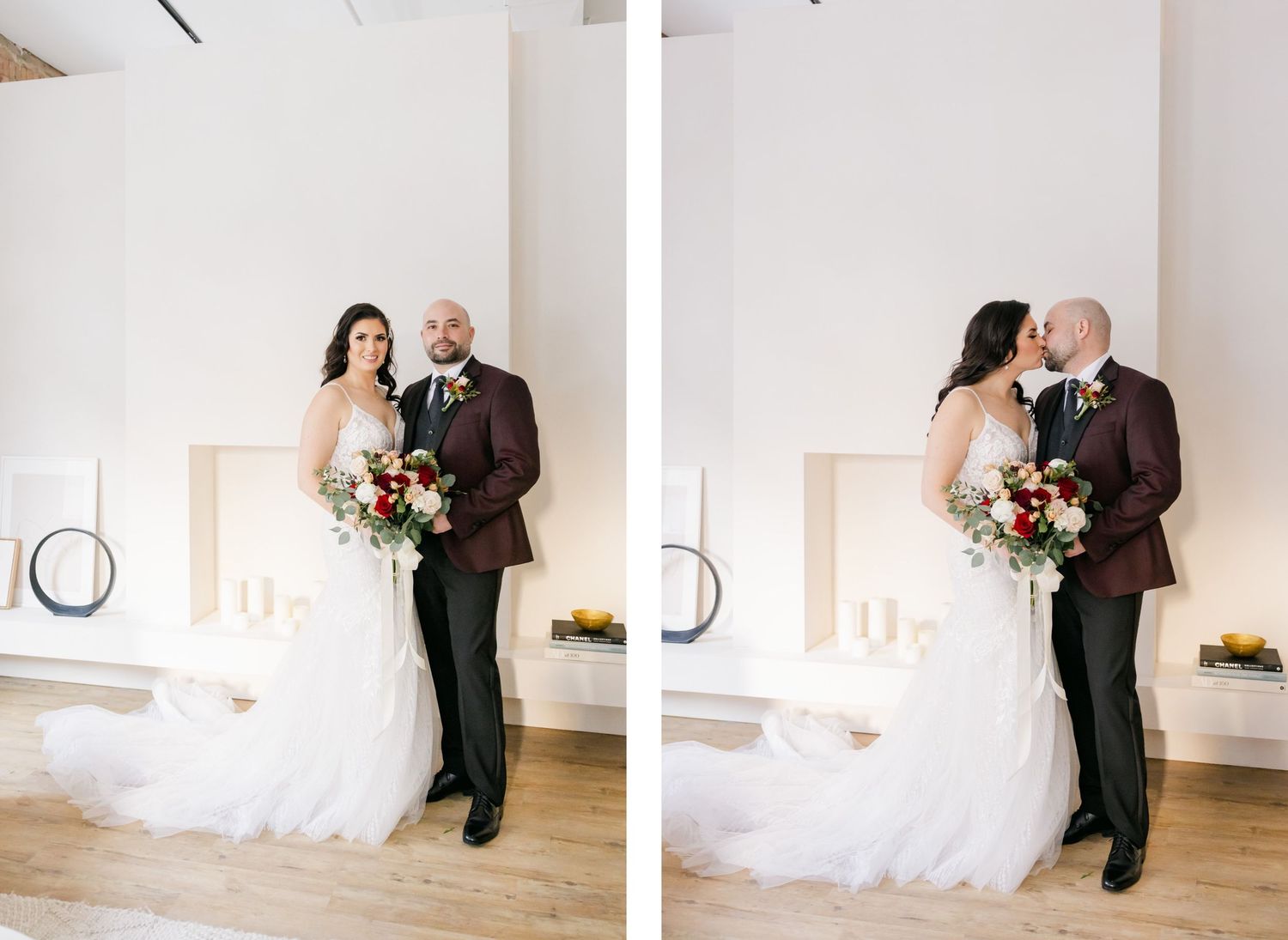 Side-by-side wedding photos showing sweet moments between newlyweds in a bright modern setting.