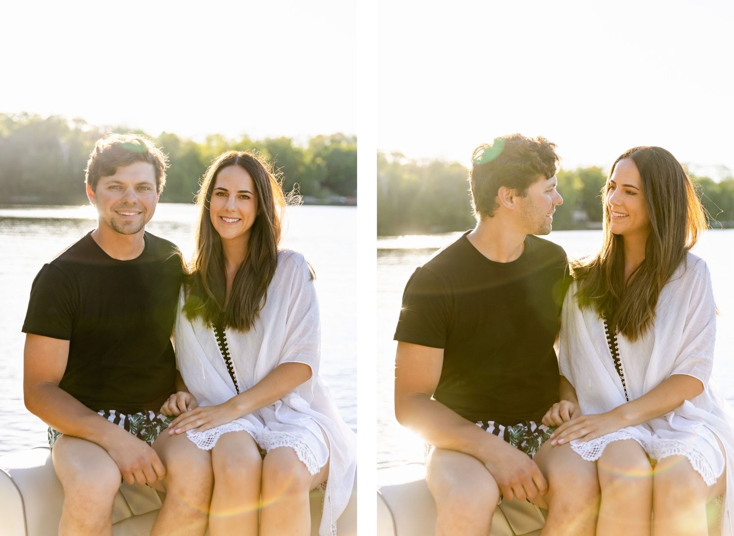 Couple in casual summer attire sharing intimate moments on a boat during sunset.