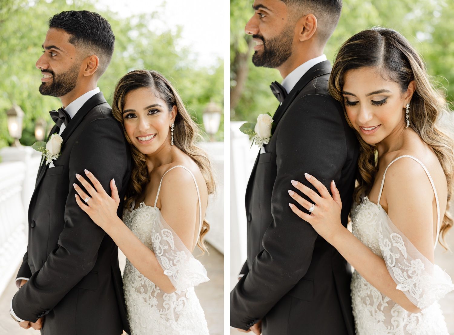 Elegant wedding couple poses for intimate portraits on classic white columned veranda.