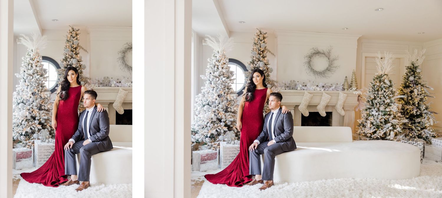 Side-by-side portraits of couple in formal attire against white Christmas trees and holiday decor.