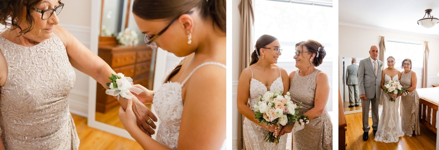 A collection of emotional wedding preparation moments in a sunlit room.