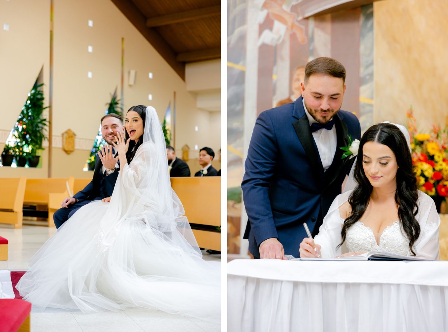Split image shows joyful moments during a wedding ceremony and signing documents at a decorated table.