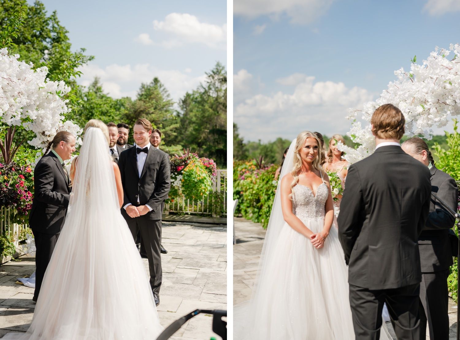 Side-by-side moments from an outdoor wedding ceremony under blooming white floral arrangements.