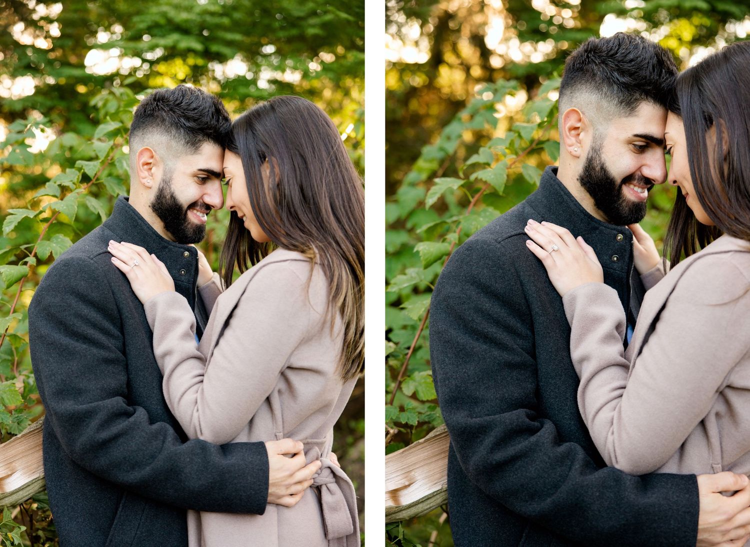 Couple sharing intimate moments in a garden setting during golden hour.