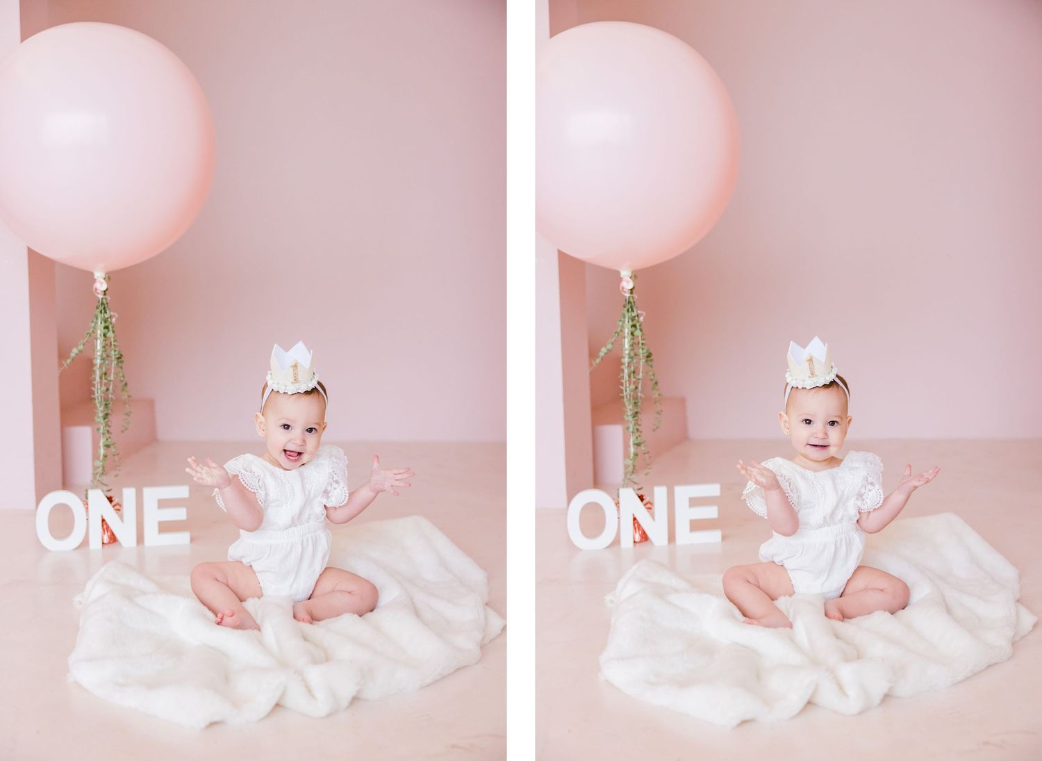 Side-by-side first birthday portraits with pink balloon and white 'ONE' letters.
