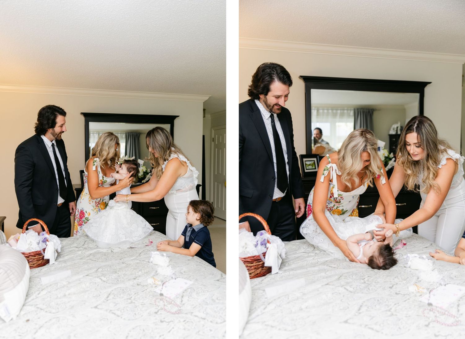Group gathered on a bed for a special moment captured in side-by-side photos.