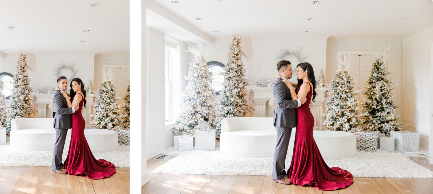 Multiple shots of a couple dancing in a festive room with lit Christmas trees and white decor.
