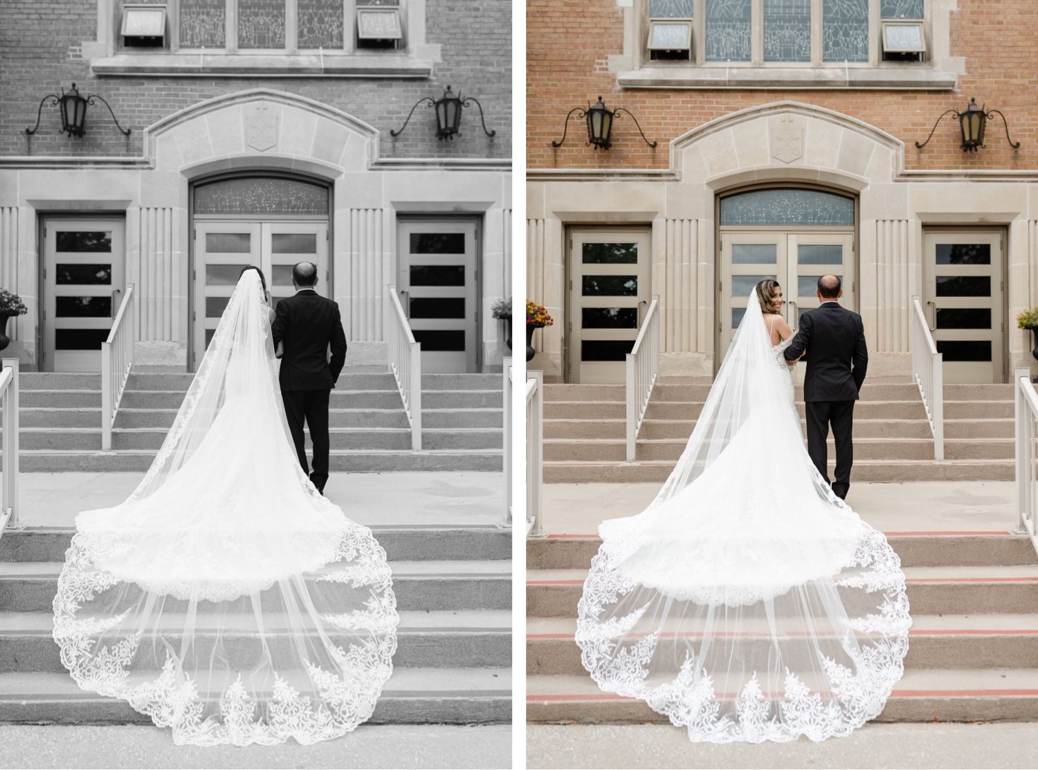 A wedding couple standing on stone steps with a dramatic lace cathedral veil trailing behind them, shown in color and black and white.