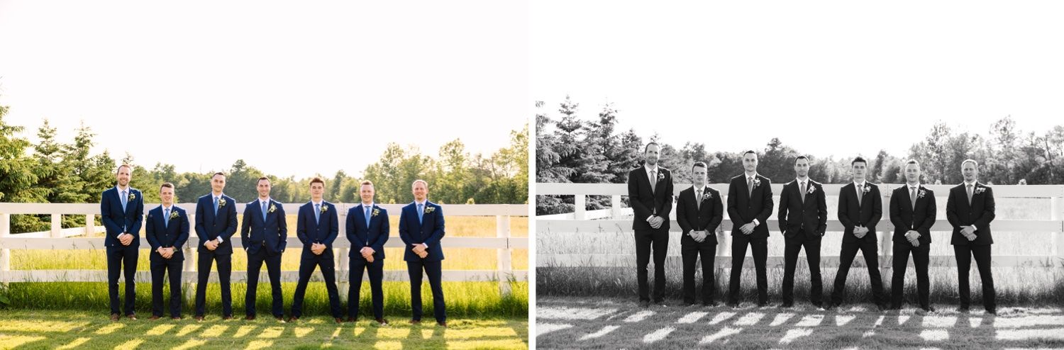 Side by side wedding party photos showing groomsmen lineup in color and black and white.