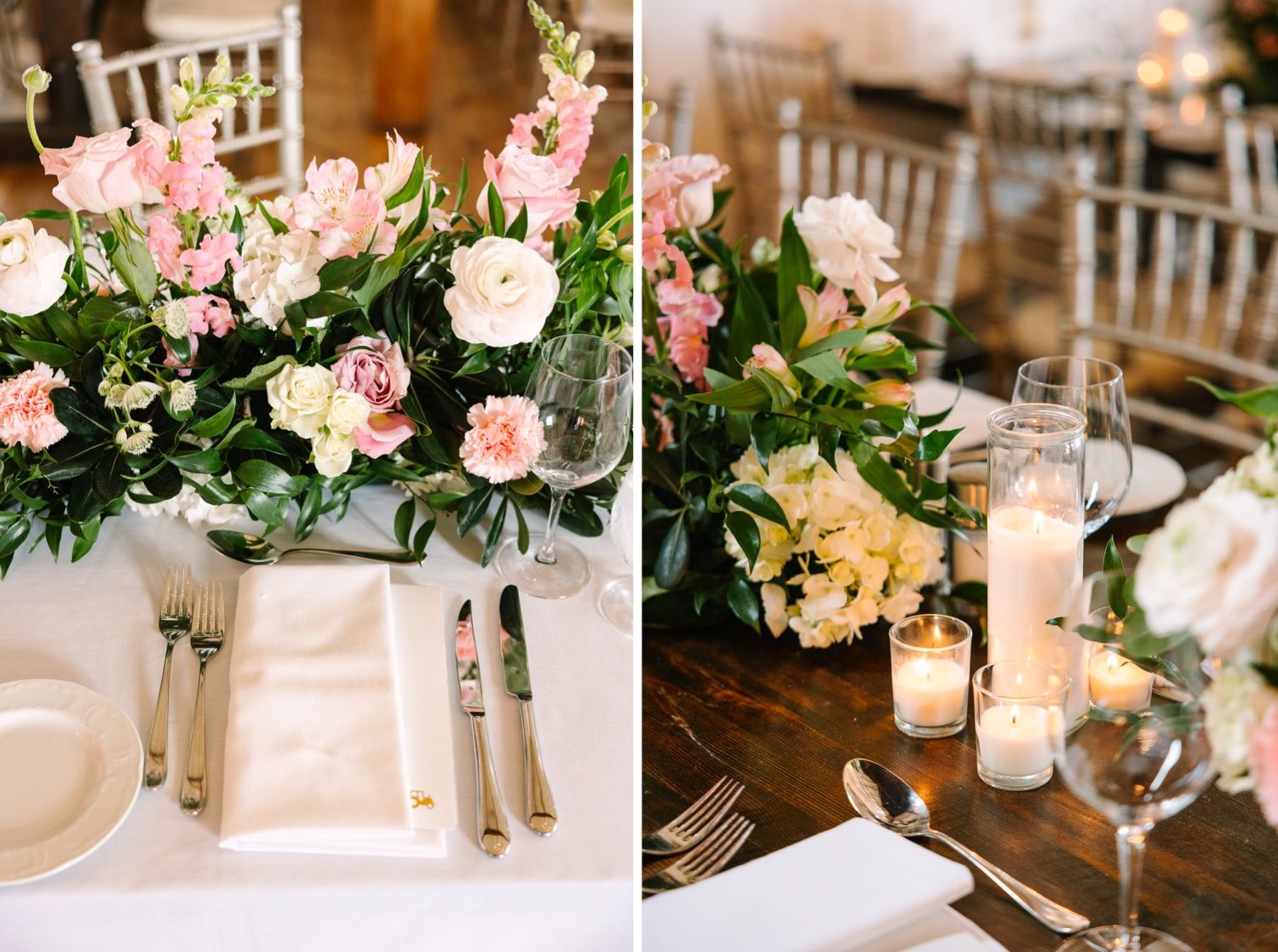 Wedding table settings featuring pink rose arrangements and glowing candle centerpieces.