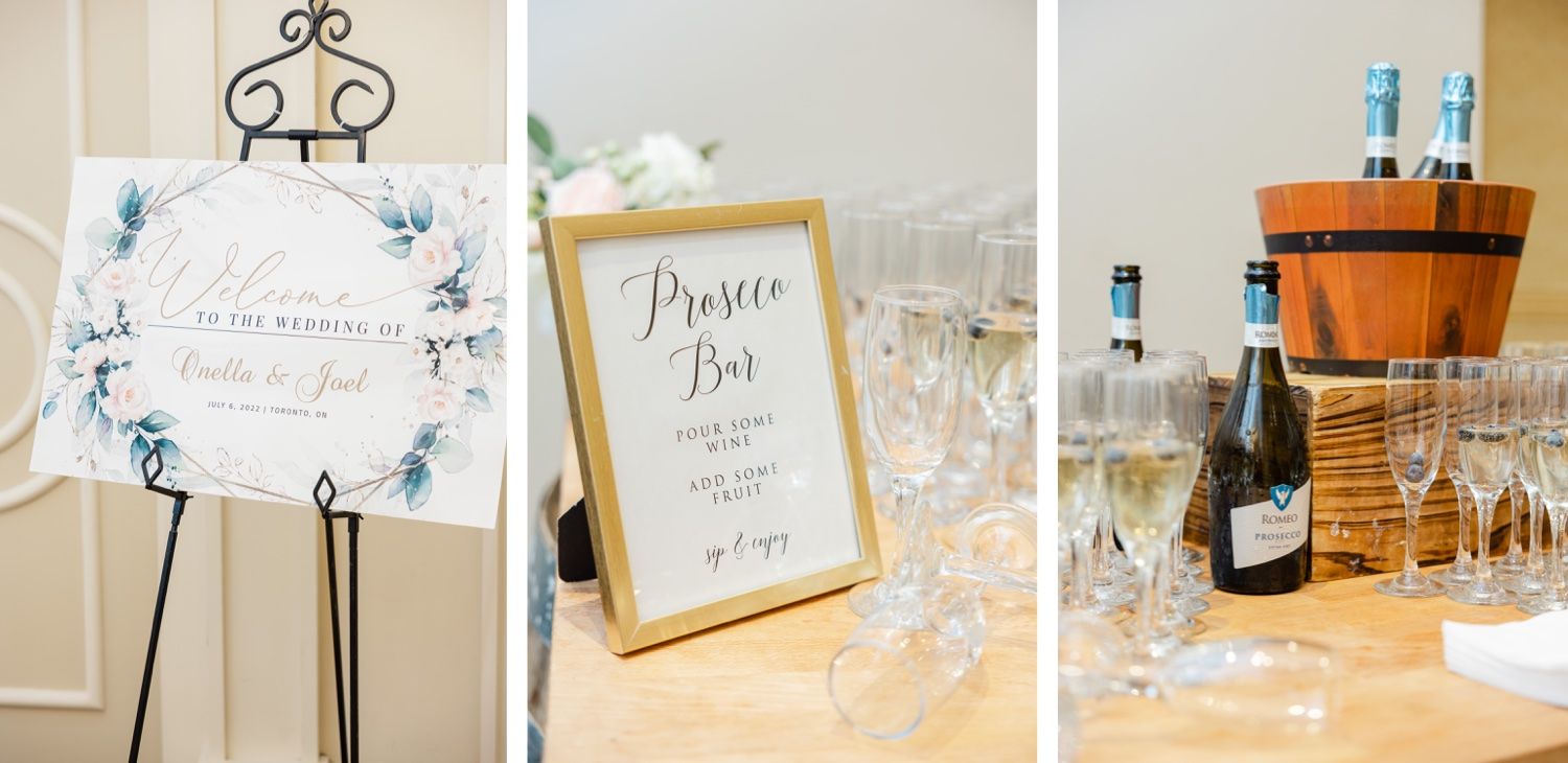 Wedding reception details featuring welcome sign, menu card, and drink station with elegant styling.