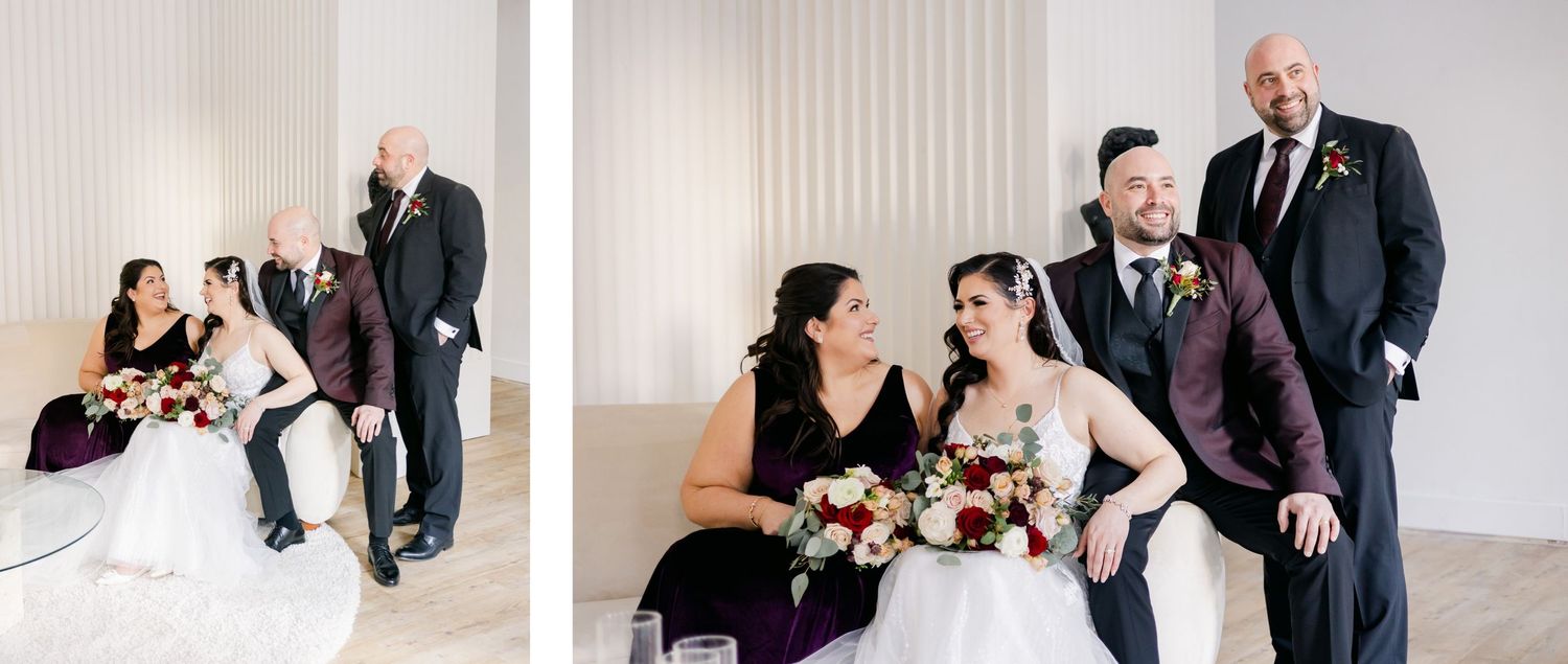 Split view of wedding party portraits in burgundy and white color scheme.