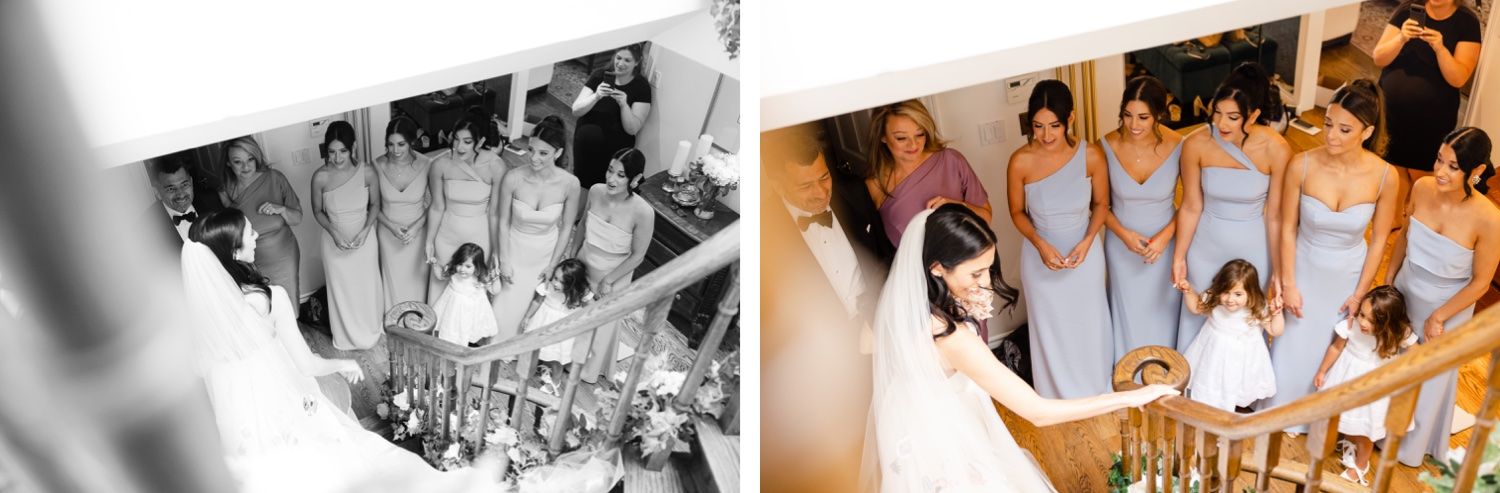 A wedding party gathering together in both black and white and color photos showing joyful celebration.