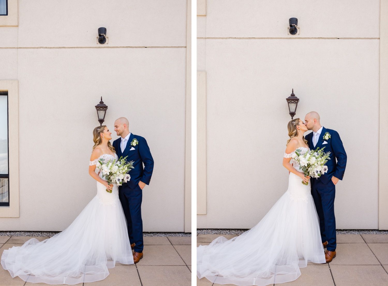 Side-by-side wedding portraits against neutral wall with decorative lantern and flowing white gown.