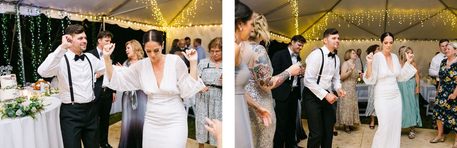 Candid reception moments showing guests and couple celebrating under tent with string lights.