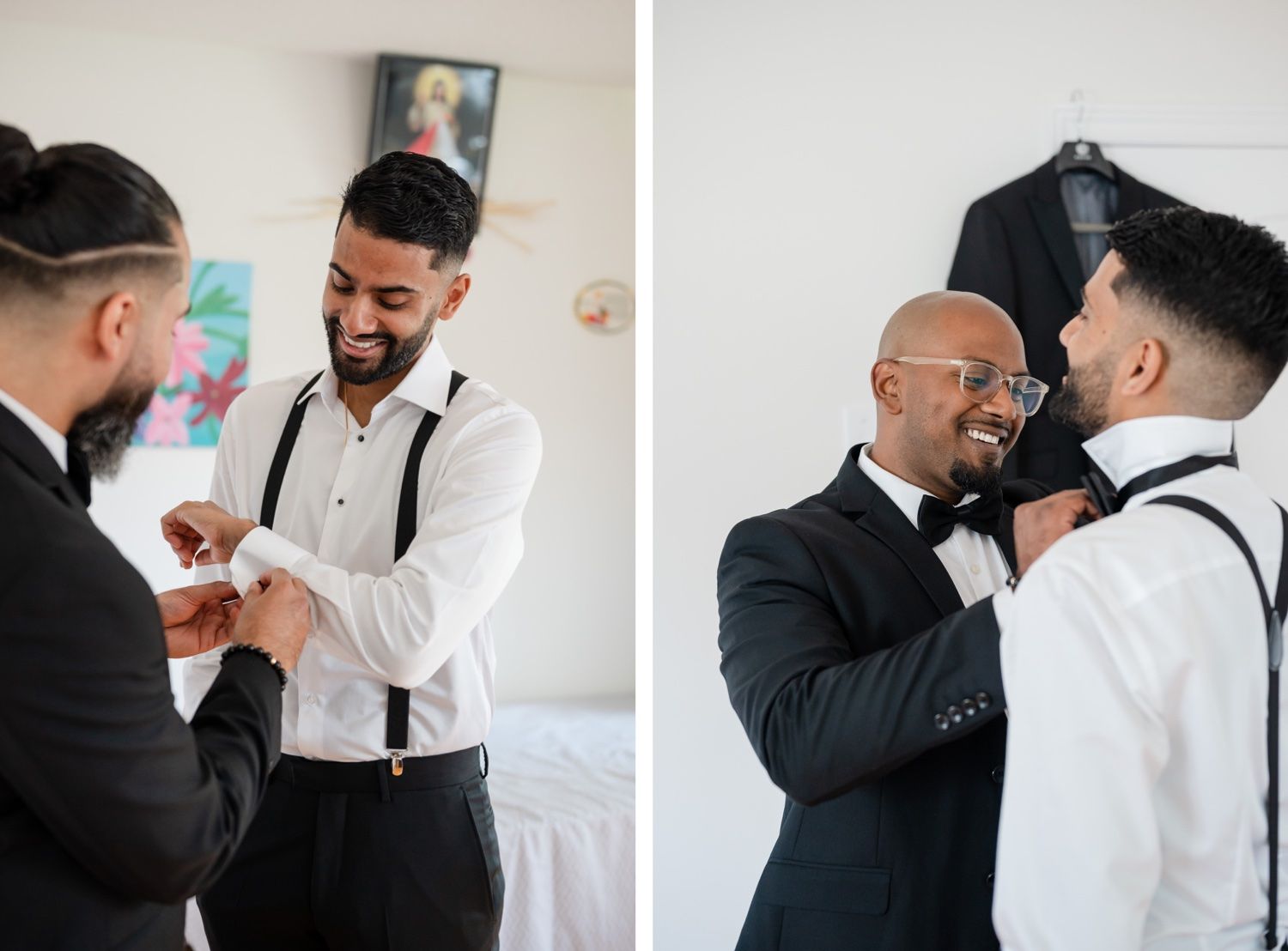 Wedding preparation moments showing groomsmen helping with formal attire.