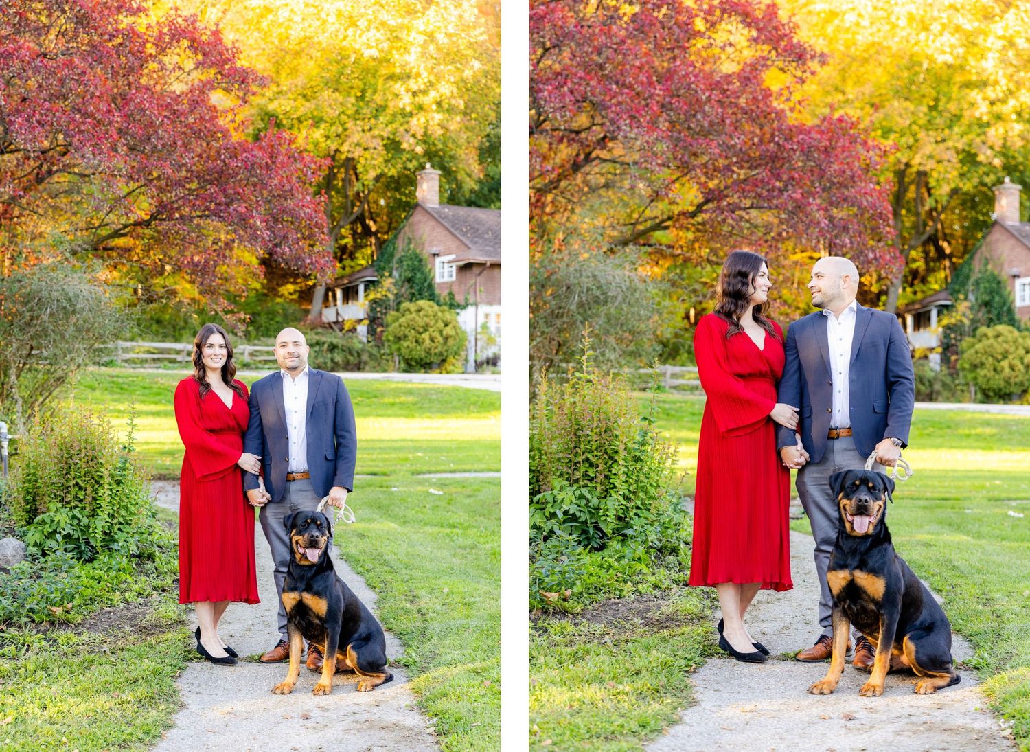 Side-by-side autumn portraits of a couple with their Rottweiler amid colorful fall foliage.