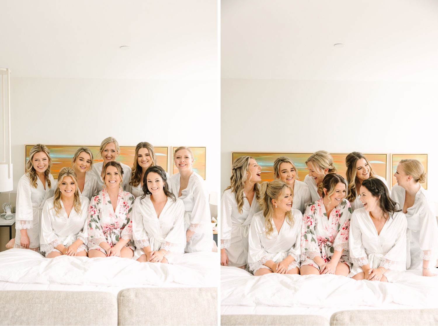 Wedding party in matching floral robes gathered on bed for pre-ceremony photos.