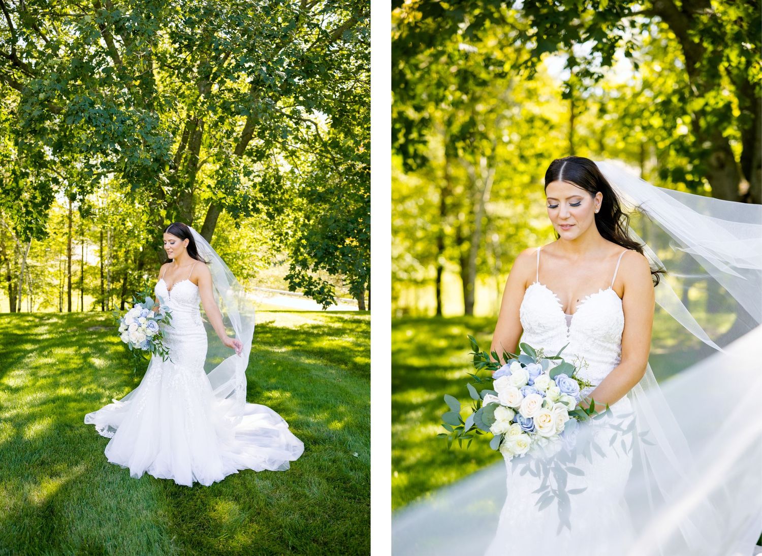 Two-photo collage of bride with flowing veil in garden setting.
