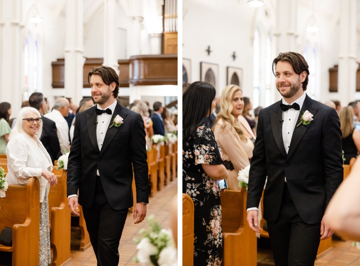 Wedding procession in a traditional church interior with white vaulted ceilings and wooden pews.