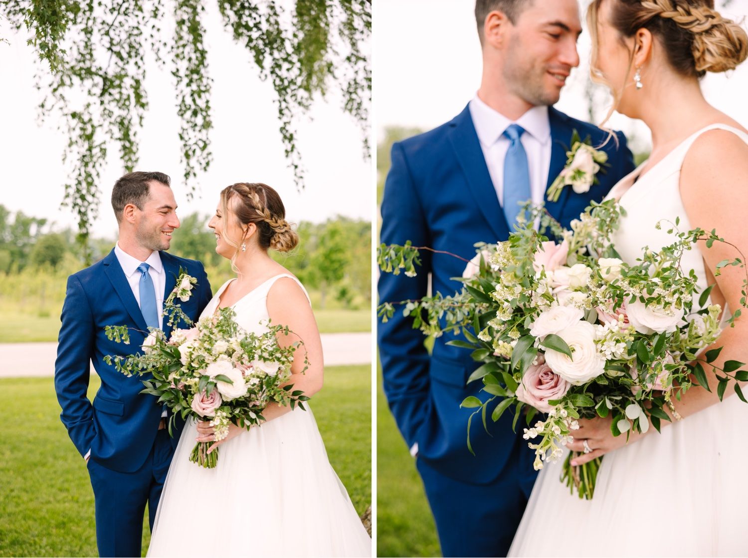 Elegant wedding portraits feature lush floral bouquet under weeping willow branches.