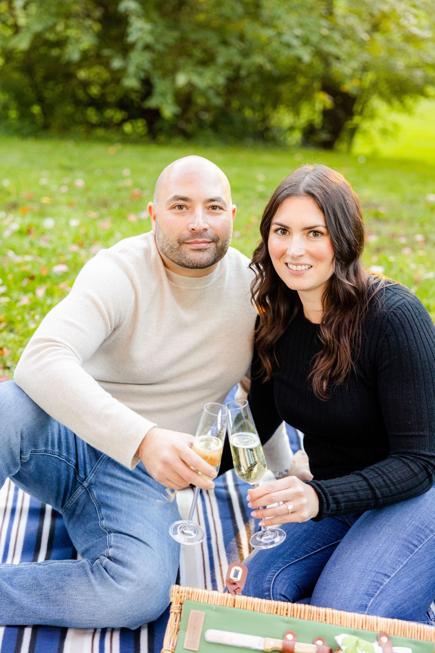 Couple toasts with champagne glasses during garden picnic on striped blanket.
