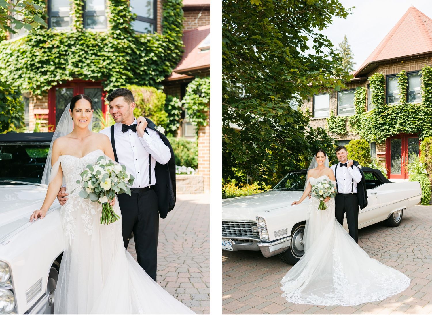 Elegant wedding portraits with a vintage white Cadillac in front of an ivy-covered brick building.