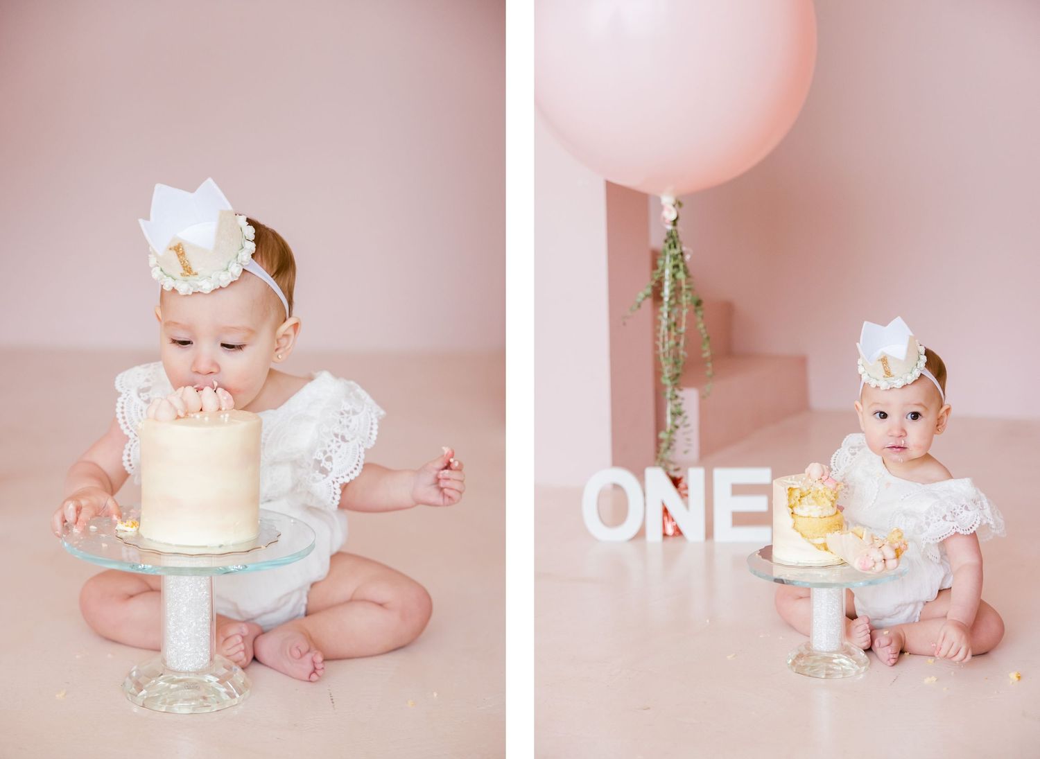 Two views of first birthday cake smash session with pink balloon and white decorations.