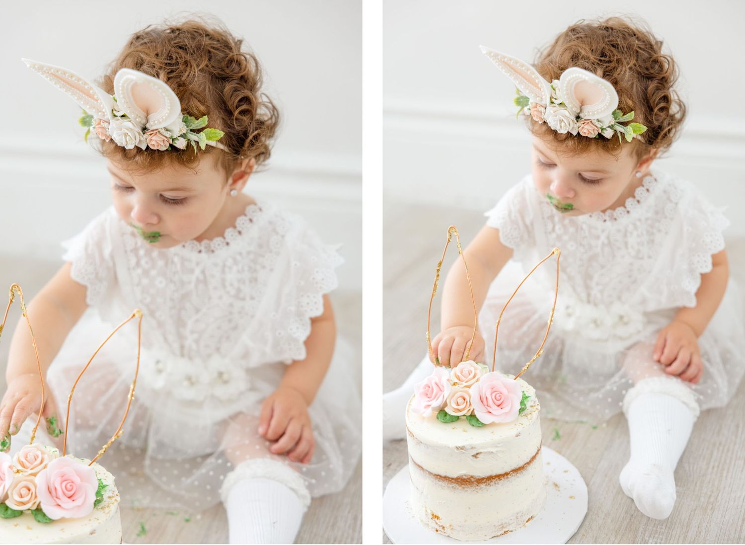Sweet cake smash photo session with floral decorations and bunny ear accessories.