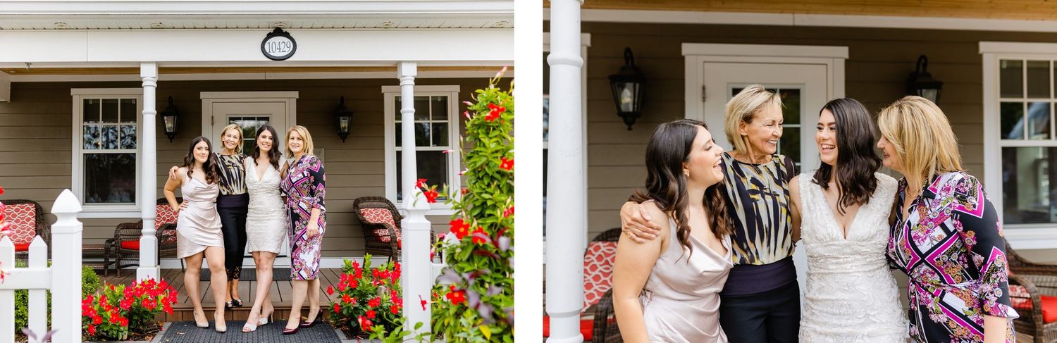 Side by side photos showing emotional moments during a celebration on a front porch.
