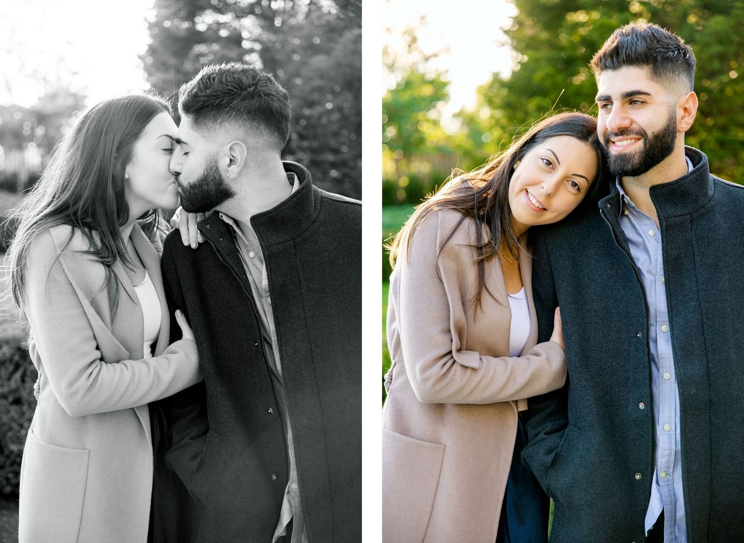 Split image showing tender couple moments in color and black and white outdoors.