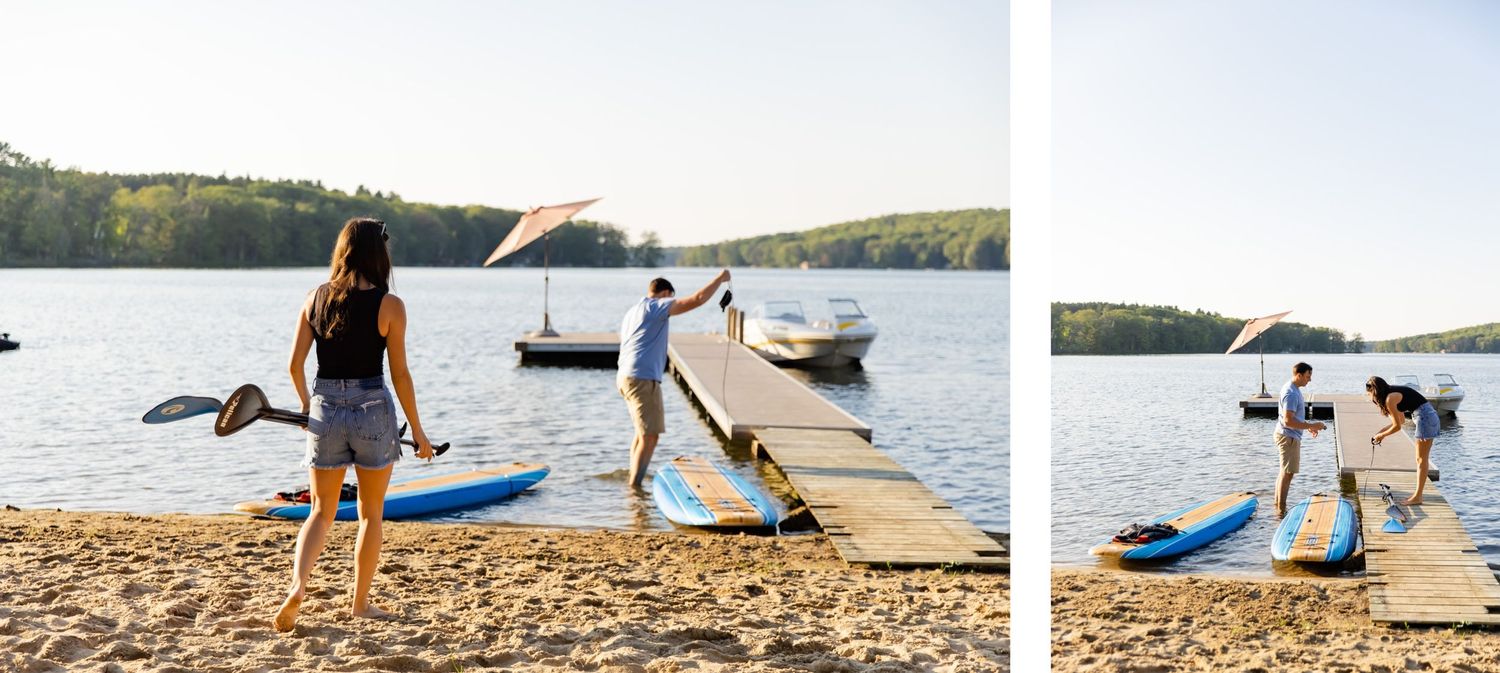 Series of shots showing couple walking along beach and dock near lake with boats.