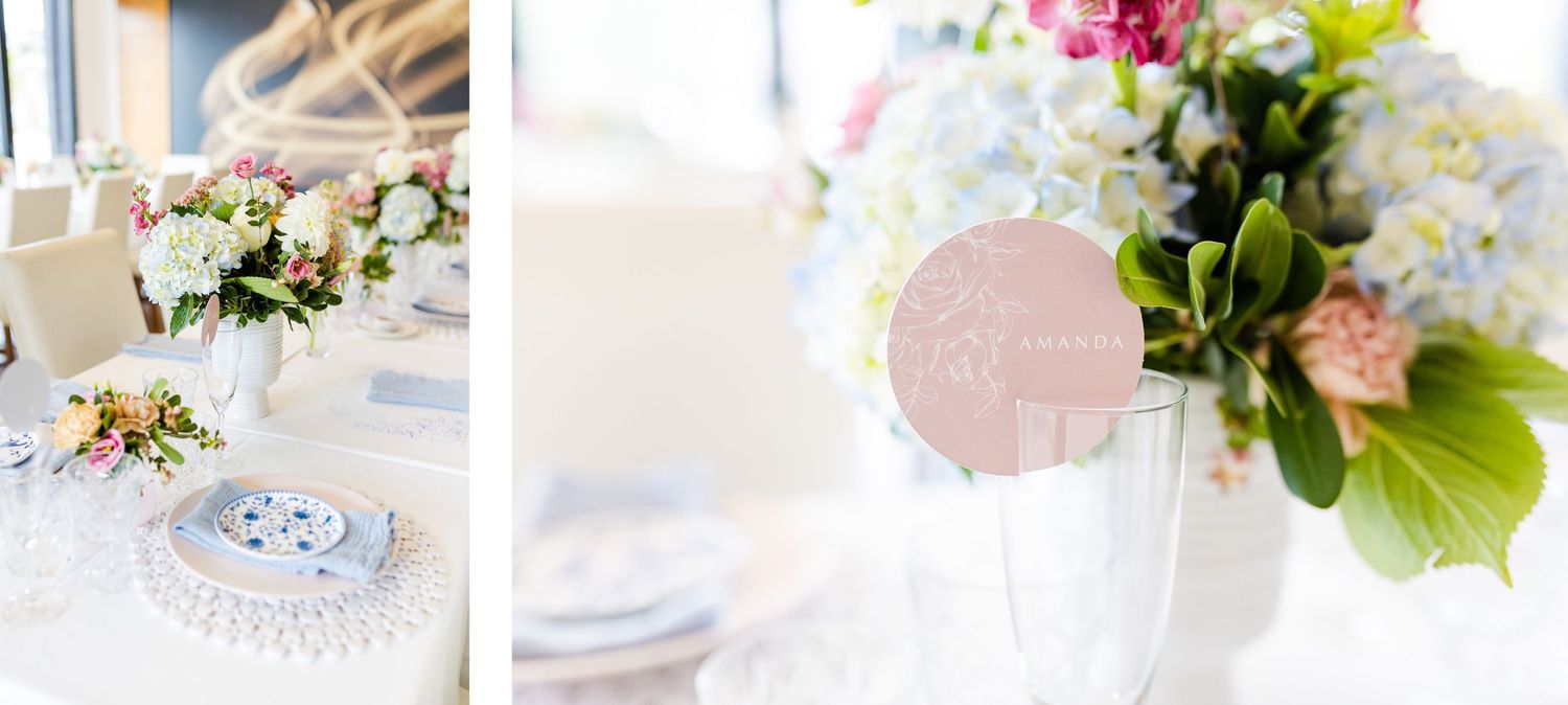 Close-up of elegant table settings with pink and white floral arrangements and place cards.