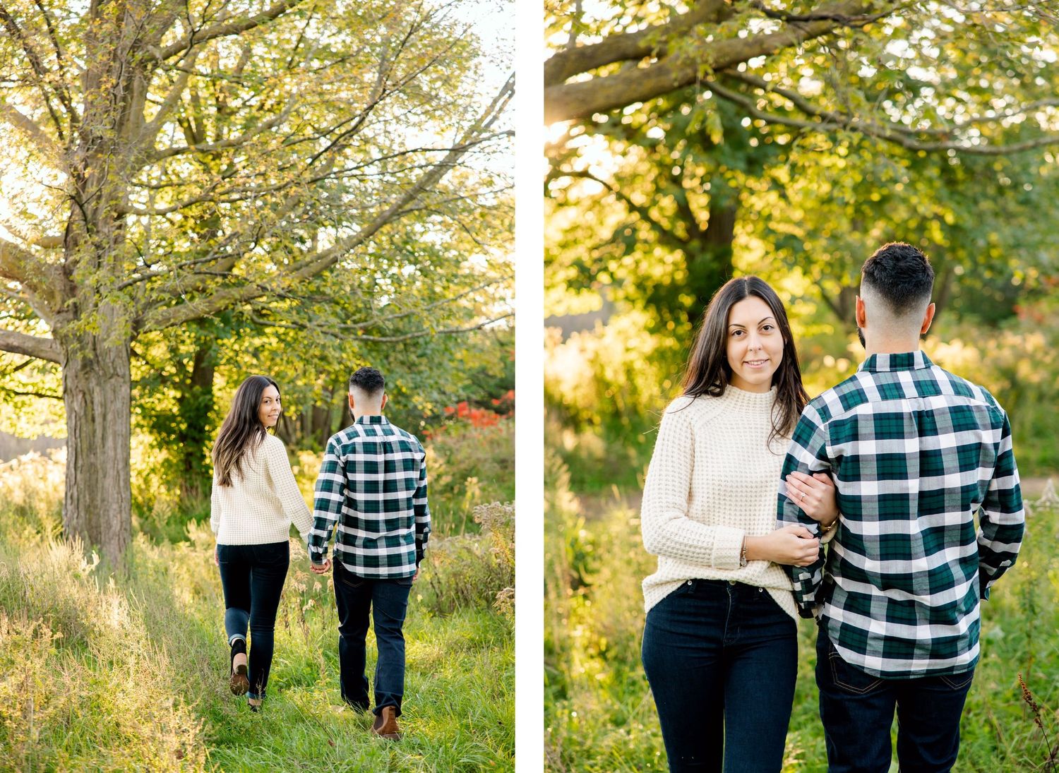 Split image of couple walking and talking in autumn park setting.
