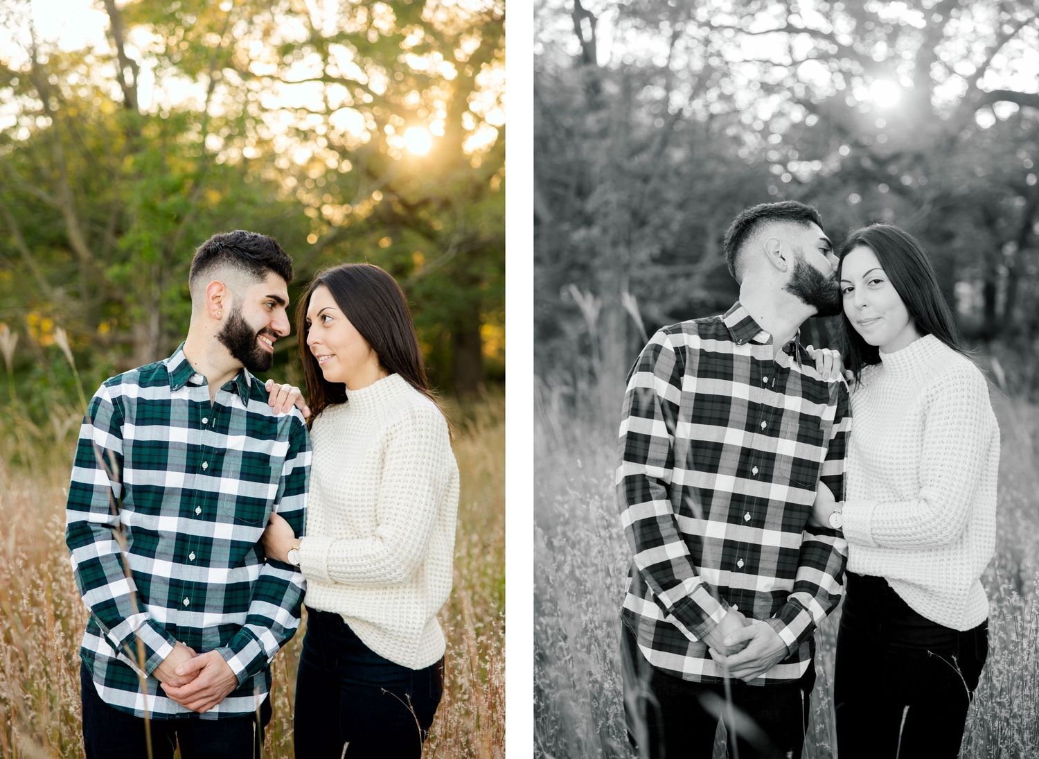 Sweet couple portrait in field during sunset in color and black and white.