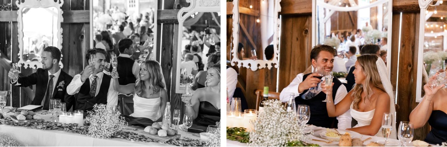 Side by side photos of wedding reception toasts, one in black and white and one in color.
