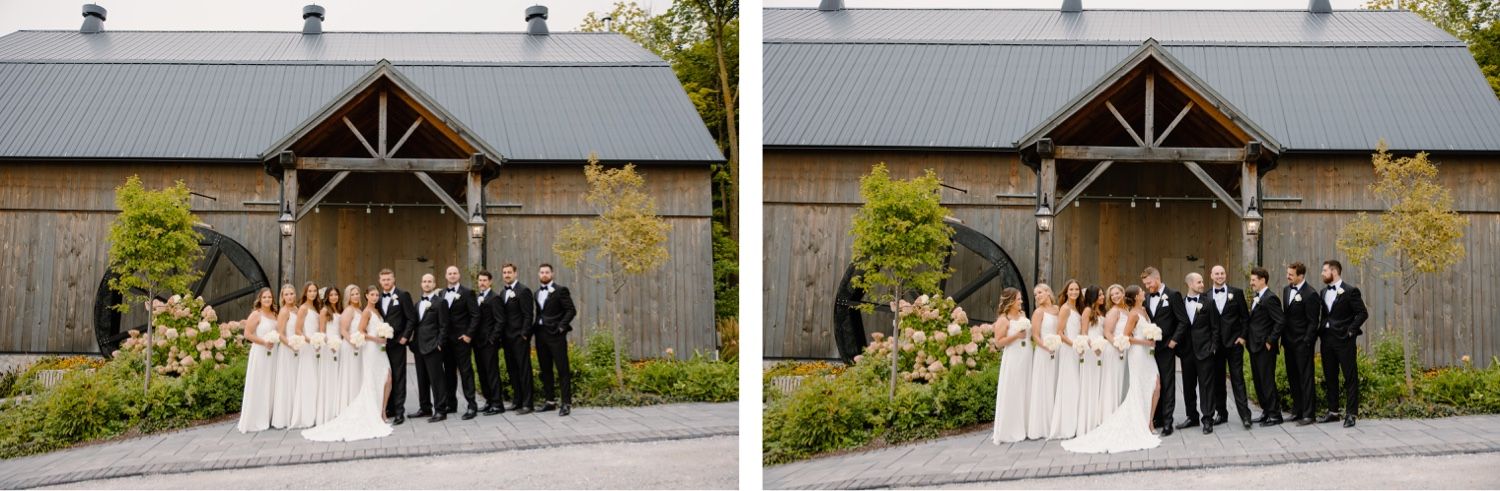 Two side-by-side shots of wedding party in black and white attire outside rustic barn.