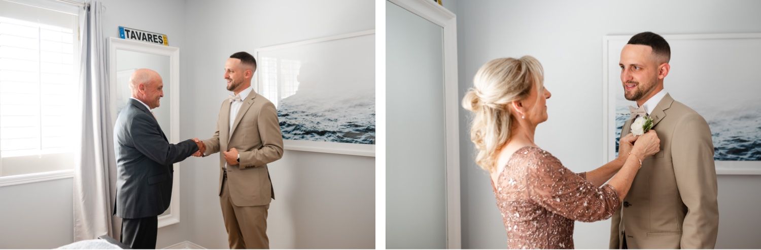 A multi-panel image showing wedding day preparations in a light-filled room.