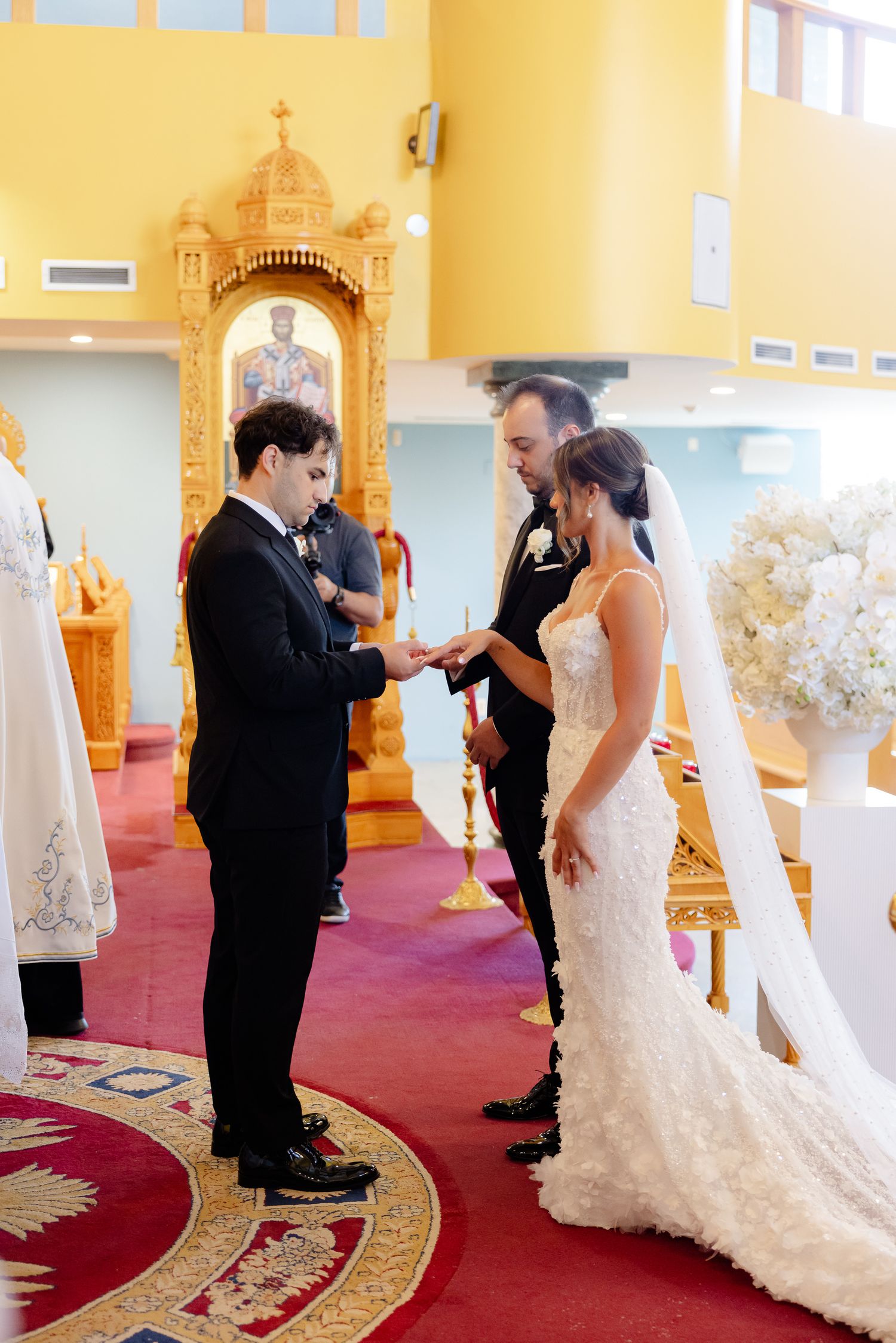 Series of candid church wedding photos showing special moments during a romantic ceremony on elegant red carpeting.