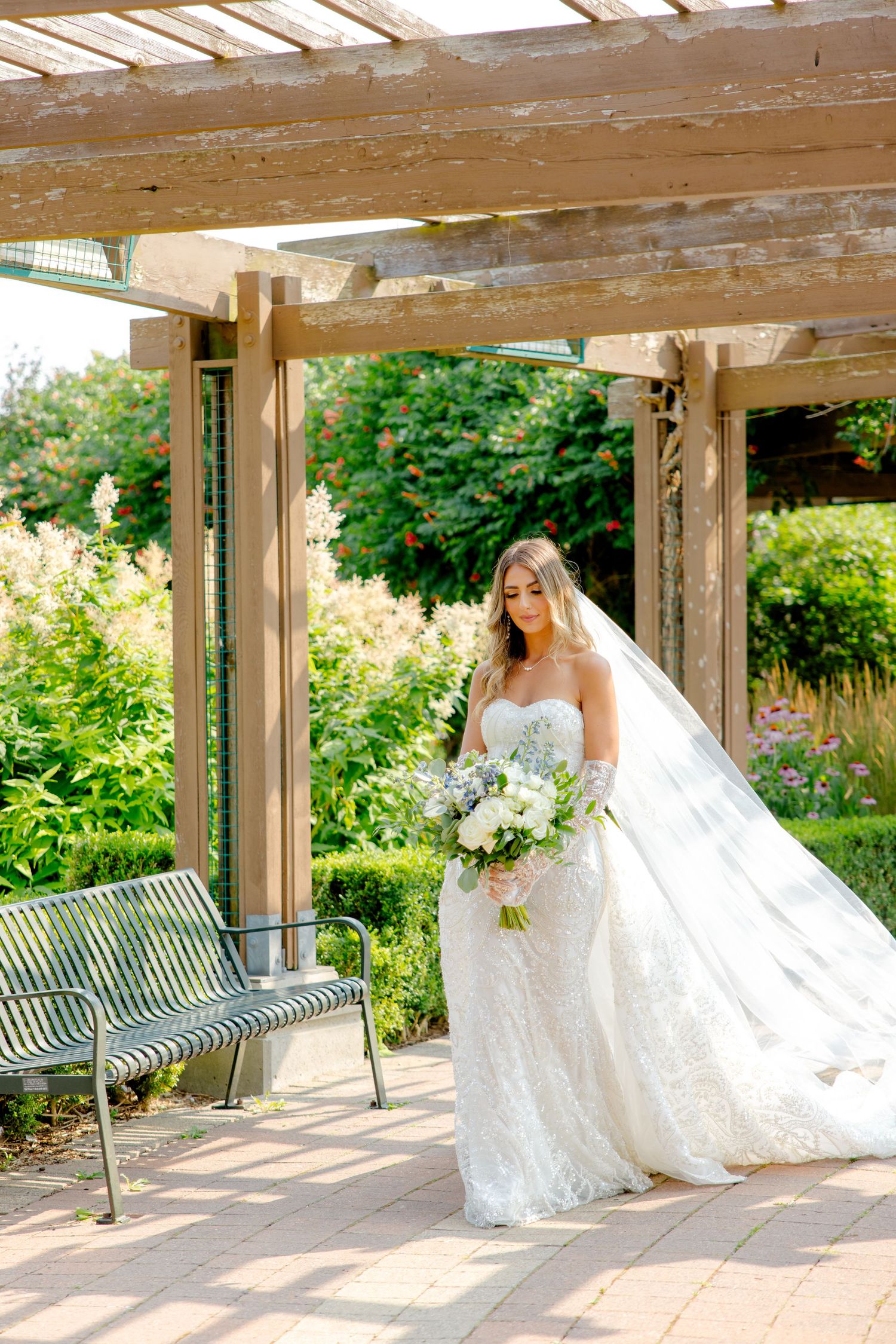 Bride in lace gown with long veil poses under wooden pergola in garden setting.