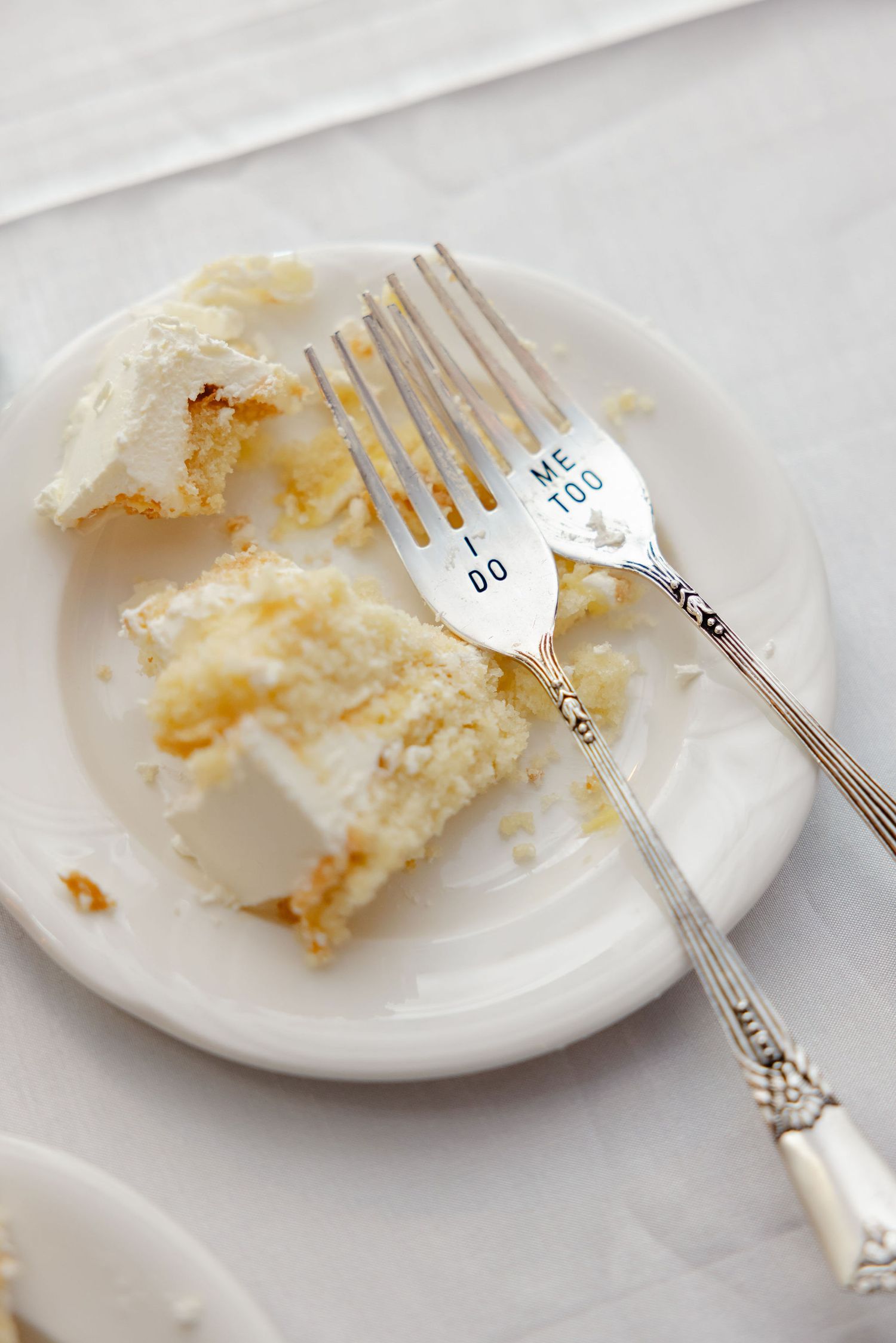A sequence of photos showing a white dessert plate with cake crumbs and a silver fork, progressing from full to empty.