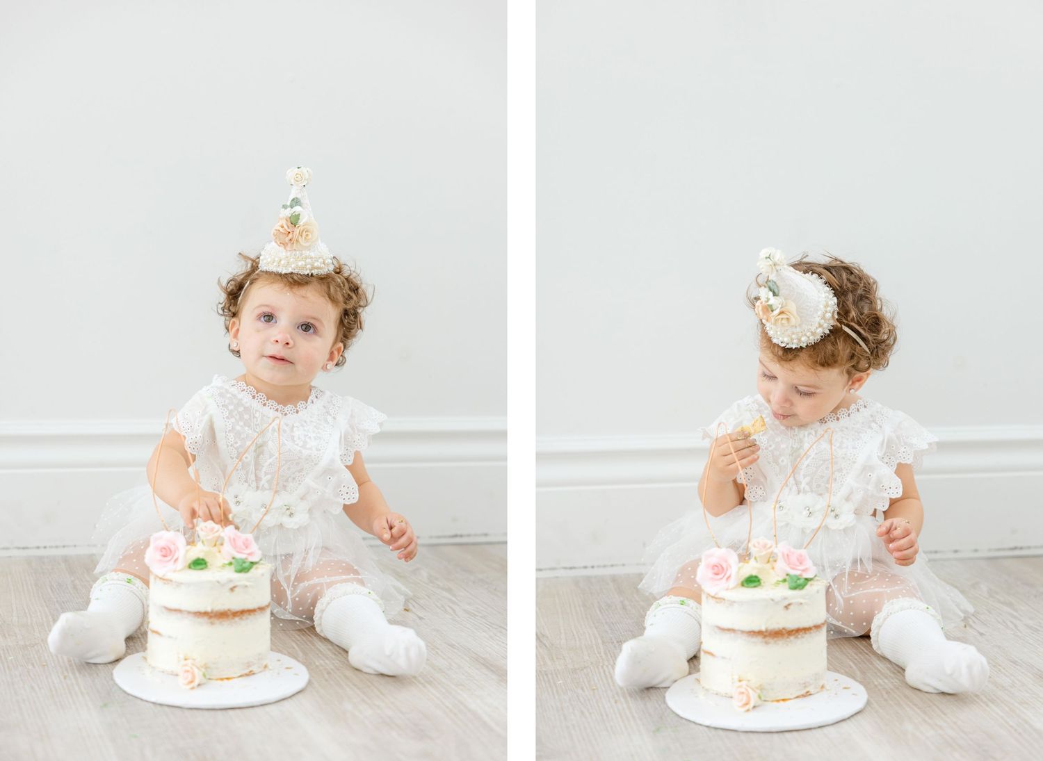 Before and after cake tasting photos with crown and party accessories.