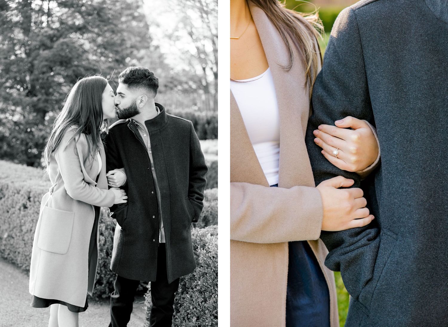 Side-by-side photos of couple embracing in matching winter coats.